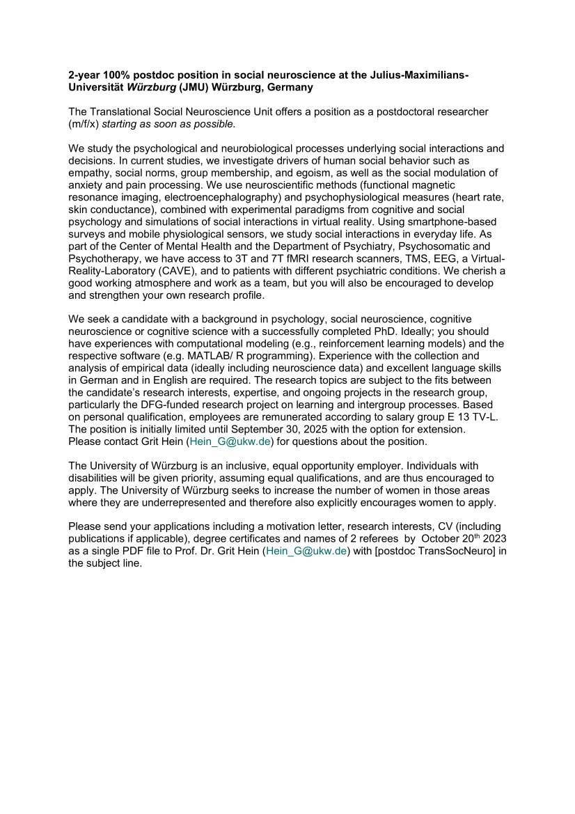 Translational Social Neuroscience Würzburg (@hein_lab) on Twitter photo 🚨Job alert🚨
100% #postdoc position in #social #neuroscience:
Come join us investigating the psychological and neurobiological processes underlying social interactions and decisions👥🧠
#postdocjobs #academicjobs #hiring
<a href="/DGPs_JuMis/">DGPs JuMis // ECRs</a> <a href="/bioDGPs_DGPA/">Psychology & Brain</a>
Please RT! 🚨Job alert🚨
100% #postdoc position in #social #neuroscience:
Come join us investigating the psychological and neurobiological processes underlying social interactions and decisions👥🧠
#postdocjobs #academicjobs #hiring
<a href="/DGPs_JuMis/">DGPs JuMis // ECRs</a> <a href="/bioDGPs_DGPA/">Psychology & Brain</a>
Please RT!