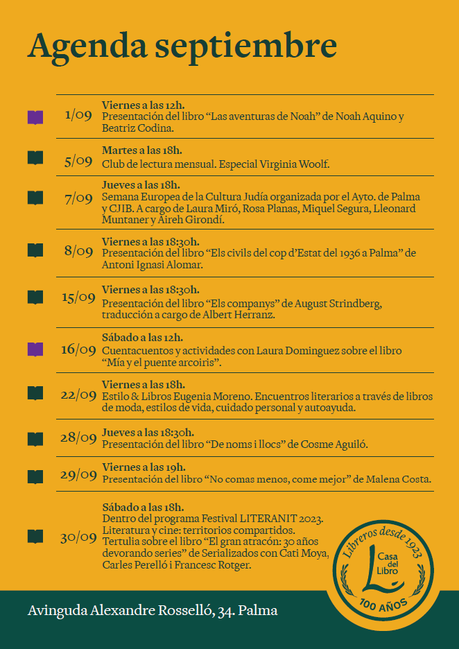 La #AgendaCultural de nuestra librería de Palma viene calentita 🌡️🌡️🌡️

¡No te pierdas nada! 👉 bit.ly/3L7eUSu