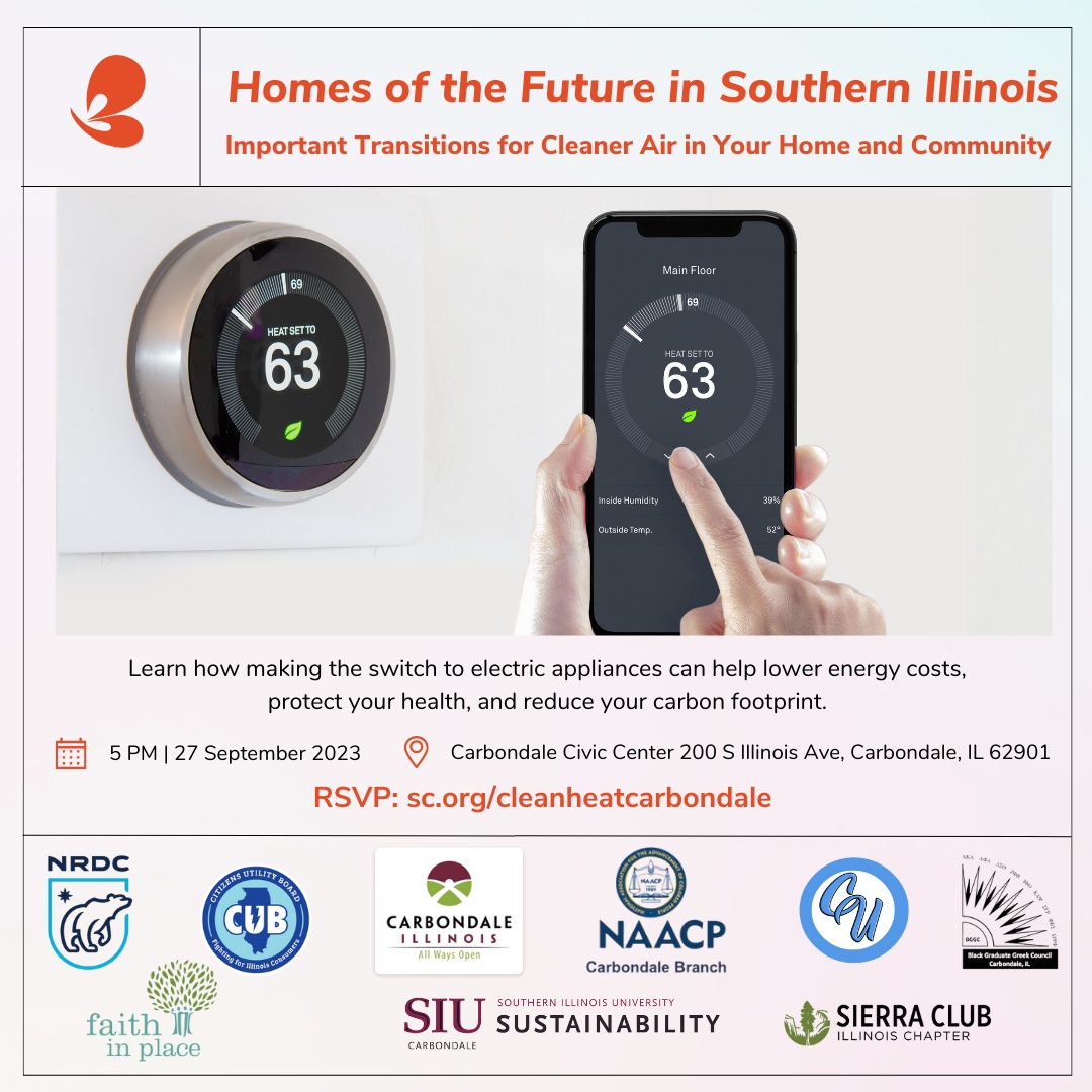 faithinplace's tweet image. Calling all Central &amp;amp; Southern Illinoisans! Join us, @SierraClubIL, @cubillinois, @NRDC &amp;amp; more on Sept. 27 to learn how making the switch to electric appliances is good for your home 🏠, your health ⚕️ &amp;amp; the planet 🌎. #CleanHeat RSVP➡️ sc.org/cleanheatcarbo…