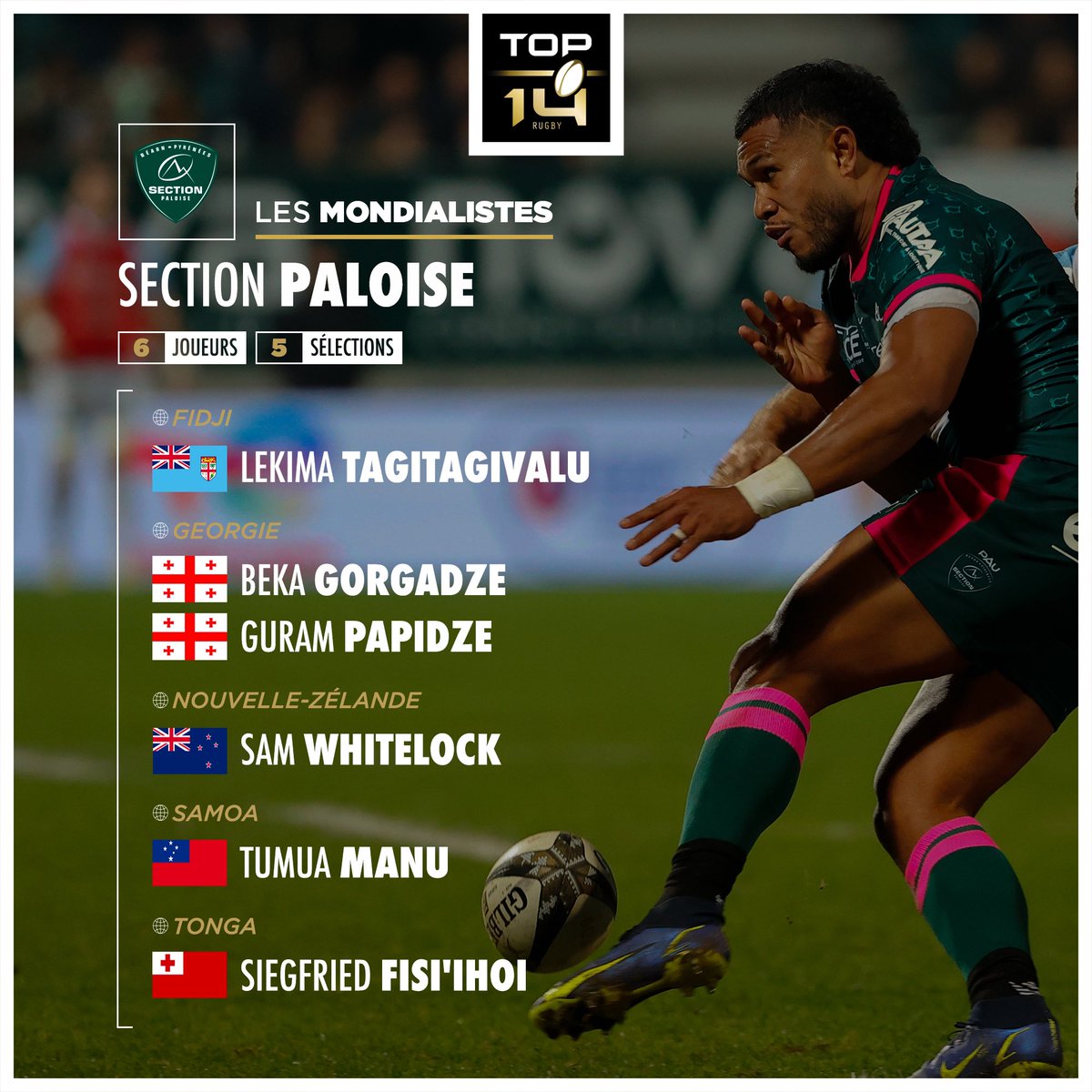 Découvre les mondialistes de la @SectionPaloise ⛰️ Dont un All Black 🇳🇿 qui jouera en ouverture contre nos Bleus 🔥 #TOP14 #RugbyWorldCup