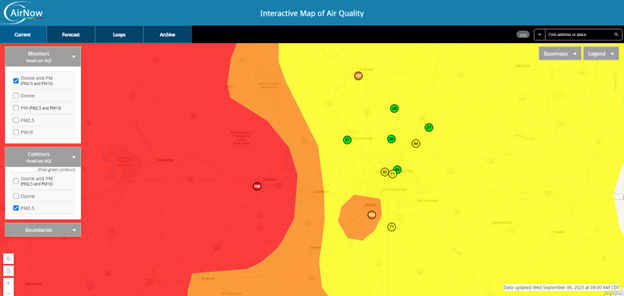 The air quality index in the #KC region is currently orange, unhealthy for sensitive groups, as a result of smoke from wildfires in the north coming down behind the cold front. Monitor real-time air quality AQI with the <a href="/AIRNow/">airnow</a> app. ow.ly/nshg50PIn4w