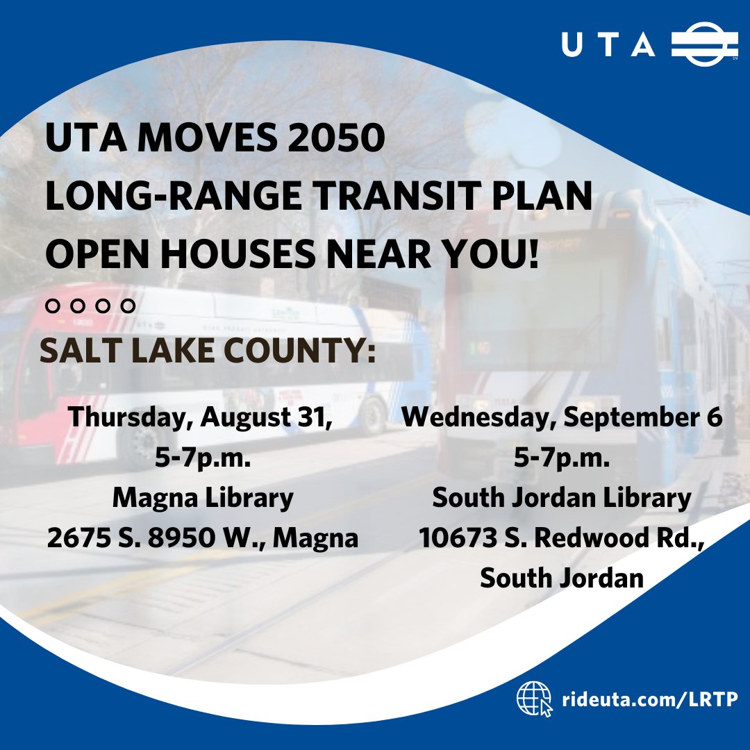 Don't forget, <a href="/rideuta/">Utah Transit Authority - UTA</a> is holding its second open house TONIGHT in Salt Lake County to discuss its 2050 plan. Visit, ask questions, and advocate for transit in the valley!