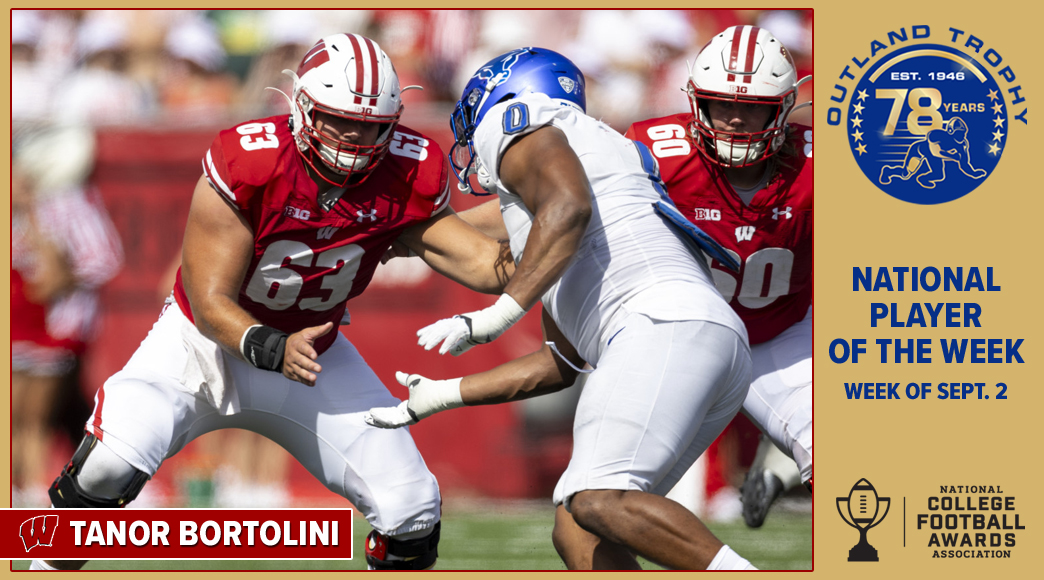 Outland Trophy (@outlandtrophy) on Twitter photo The season's first National Player of the Week goes to center Tanor Bortolini of <a href="/BadgerFootball/">Wisconsin Football</a>. This marks the first time <a href="/TheFWAA/">Football Writers Association of America</a> has named an Outland player of the week. fwaa.com/a/62df359b The season's first National Player of the Week goes to center Tanor Bortolini of <a href="/BadgerFootball/">Wisconsin Football</a>. This marks the first time <a href="/TheFWAA/">Football Writers Association of America</a> has named an Outland player of the week. fwaa.com/a/62df359b