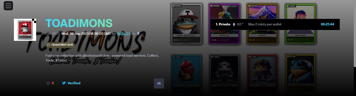 🚀⏰ Turbros, the countdown intensifies! In just a little over 5 hours, our Mint event kicks off with a bang! 🌟🐸

🖼️ Mint Page: launchmynft.io/collections/0x…

🌈 Conditions:
- Only whitelisted wallets. 
- 2X wallet.
- Instantly reveal your Toadimon.

Collect, Trade, $Turbo!