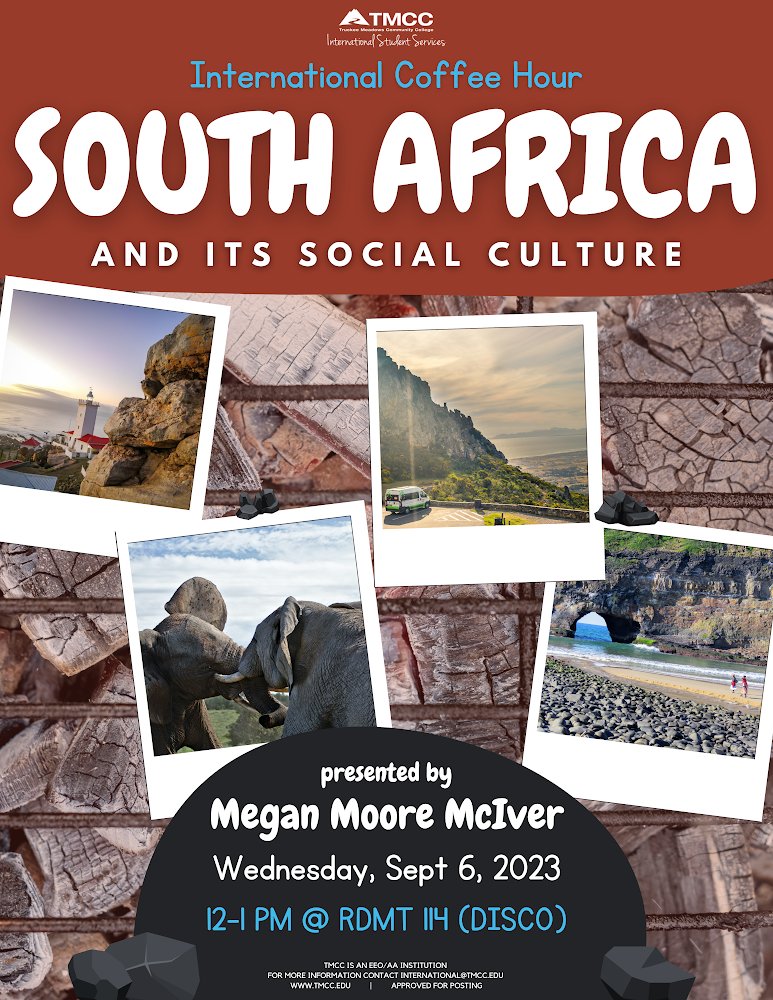 tmccnevada's tweet photo. πJoin us today as we embark on a journey through the captivating landscapes of South Africa with our wonderful host, Megan Moore McIver!
See you in the DISCO at 12! π
#TMCCEvents #StudentLife #InternationalCoffeeHour https://t.co/OpC8NNB7dx