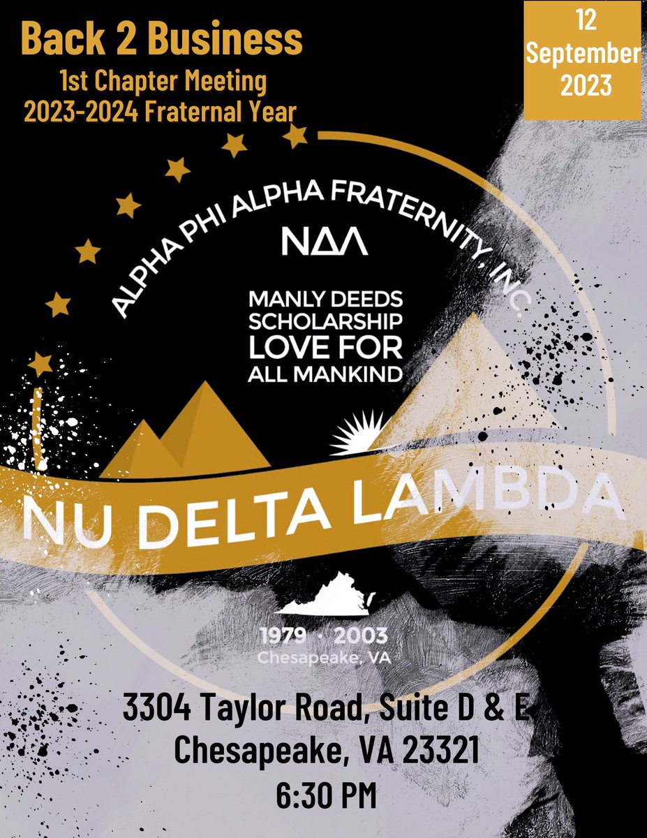 NDL1906's tweet photo. Brothers, please join us on Tuesday 9/12 at 6:30 for the first chapter meeting of the fraternal year! For any brothers that need a virtual option, you can login through Zoom!  Meeting ID: 688 972 5226
Passcode: 111222 #ΑΦΑ #AlphaEast #VACAPAF #chesapeakealphas https://t.co/bY0sUnxS7Q
