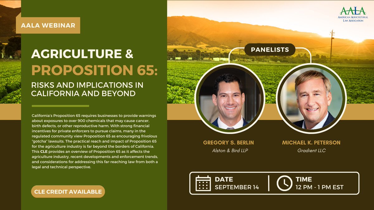 Register today for the upcoming AALA CLE Webinar! Sign up to hear a panel of experts tackle California’s Proposition 65. Register for it on our member site by clicking on the following link: lnkd.in/gzAdgxDk

NOTE: This webinar is for current AALA members only.