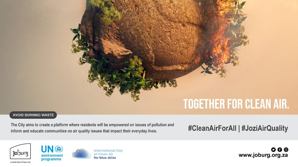CityofJoburgZA's tweet photo. The City aims to create a platform where residents will be empowered on issues of pollution and inform and educate communities on air quality issues that impact their everyday lives. #CleanAirForAIl #JoziAirQuality ^NB https://t.co/1iJZWNR0KT