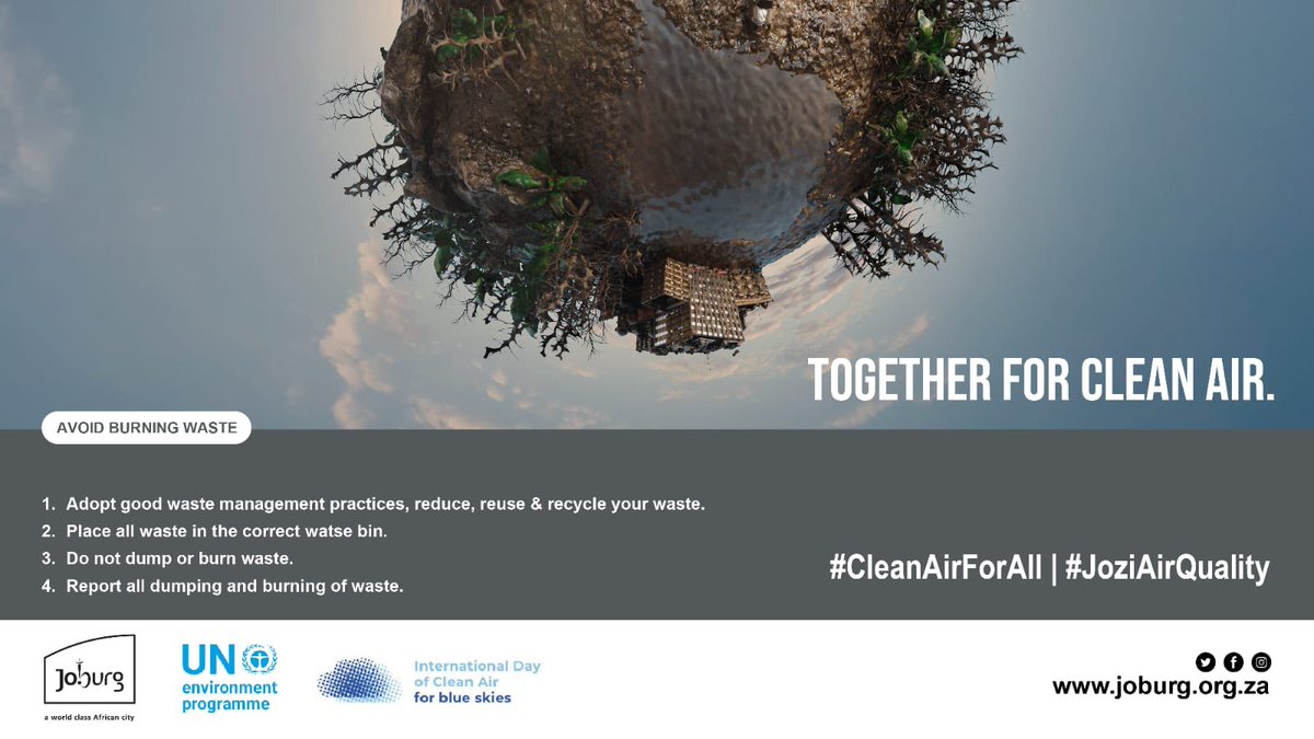 CityofJoburgZA's tweet photo. The City aims to create a platform where residents will be empowered on issues of pollution and inform and educate communities on air quality issues that impact their everyday lives. #CleanAirForAIl #JoziAirQuality ^NB https://t.co/1iJZWNR0KT