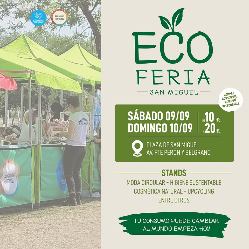 MuniSanMiguelOK's tweet image. ECO FERIA ♻️
🗓️ Sábado 9 y domingo 10 de septiembre, de 10 a 20hs
📌 Plaza de San Miguel, Av. Perón y Belgrano
✔️ Habrá stands de moda circular, higiene sustentable, cosmética natural, upcycling ¡y mucho más!
#EcoFeria #ConsumíLocal #SanMiguel