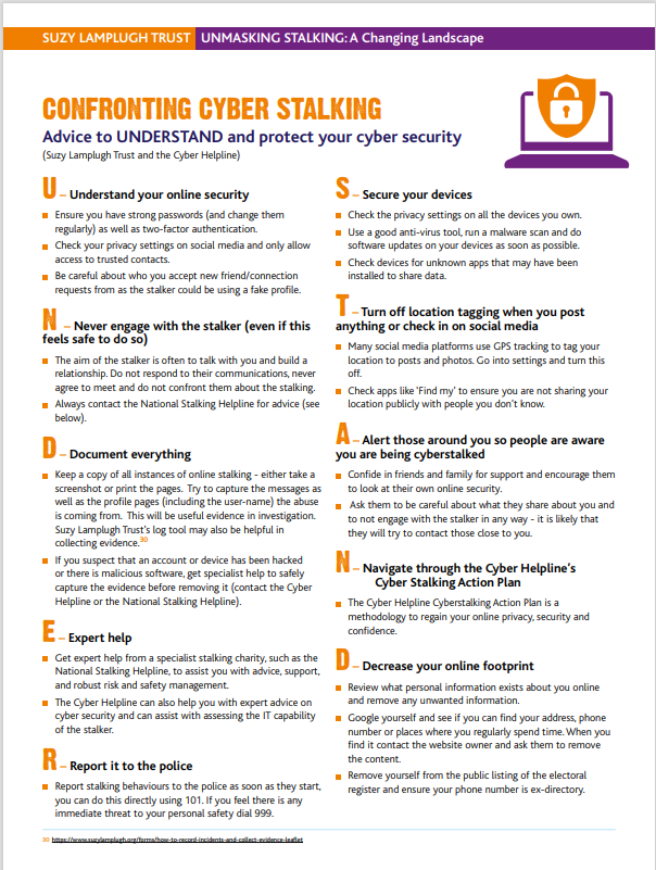 Have you been a victim of #cyberstalking?

The Suzy Lamplugh Trust are leading experts in cyber safety and stalking, and have developed a range of useful tips on what to do if you have been a victim of cyber stalking. #RightToBeSafe