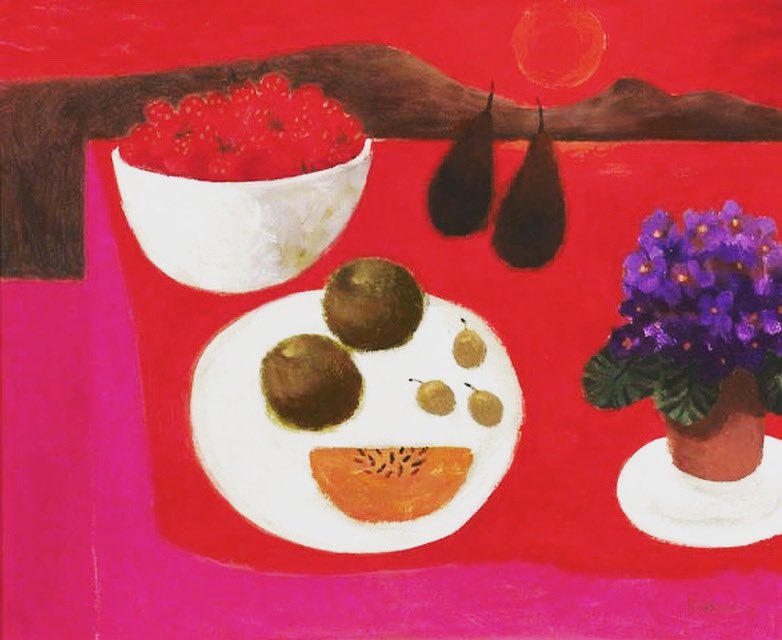 Fruit and violets on a red and pink background. Mary Fedden. c.2000 Violets are the same family as wild pansies, and both are edible. You can find my recipe a Piedmontese rice and wild pansy soup on instagram.com/paolagavin #pansies #soups #