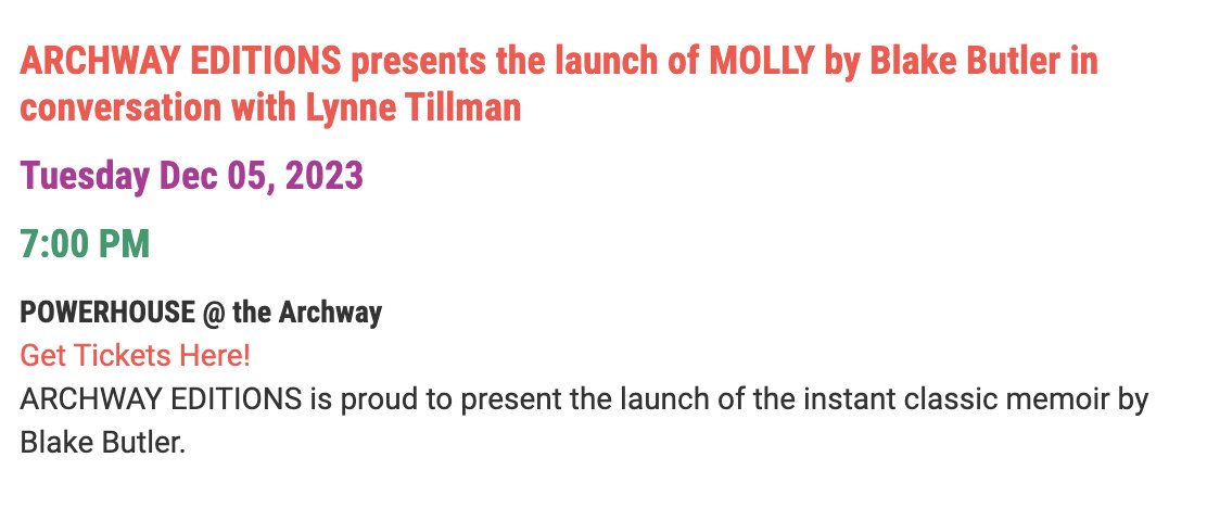 Dec 5 - 7 PM @ Powerhouse - I'm thrilled to be in conversation w/ Lynne Tillman for the launch of my memoir, Molly as strange as it feels to promote this book, it's also a gift, and i'd be grateful for yr time tix & info here: powerhousearena.com/events/archway…