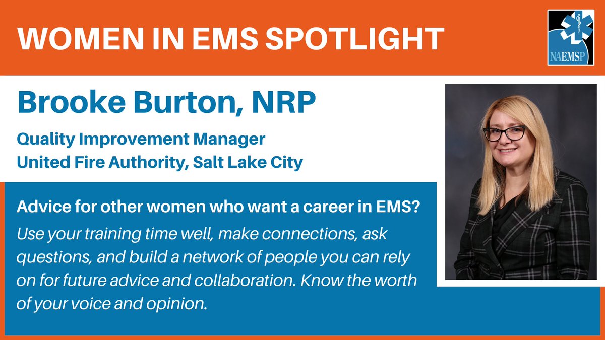 Brooke Burton, NRP has 28 years of EMS experience and serves in various roles for a multitude of EMS organizations, including as the president of <a href="/NEMSMAnews/">NEMSMA</a>. Learn more about Brooke and join her as a member of NAEMSP's Women in EMS Committee today: bit.ly/45Pdjsp