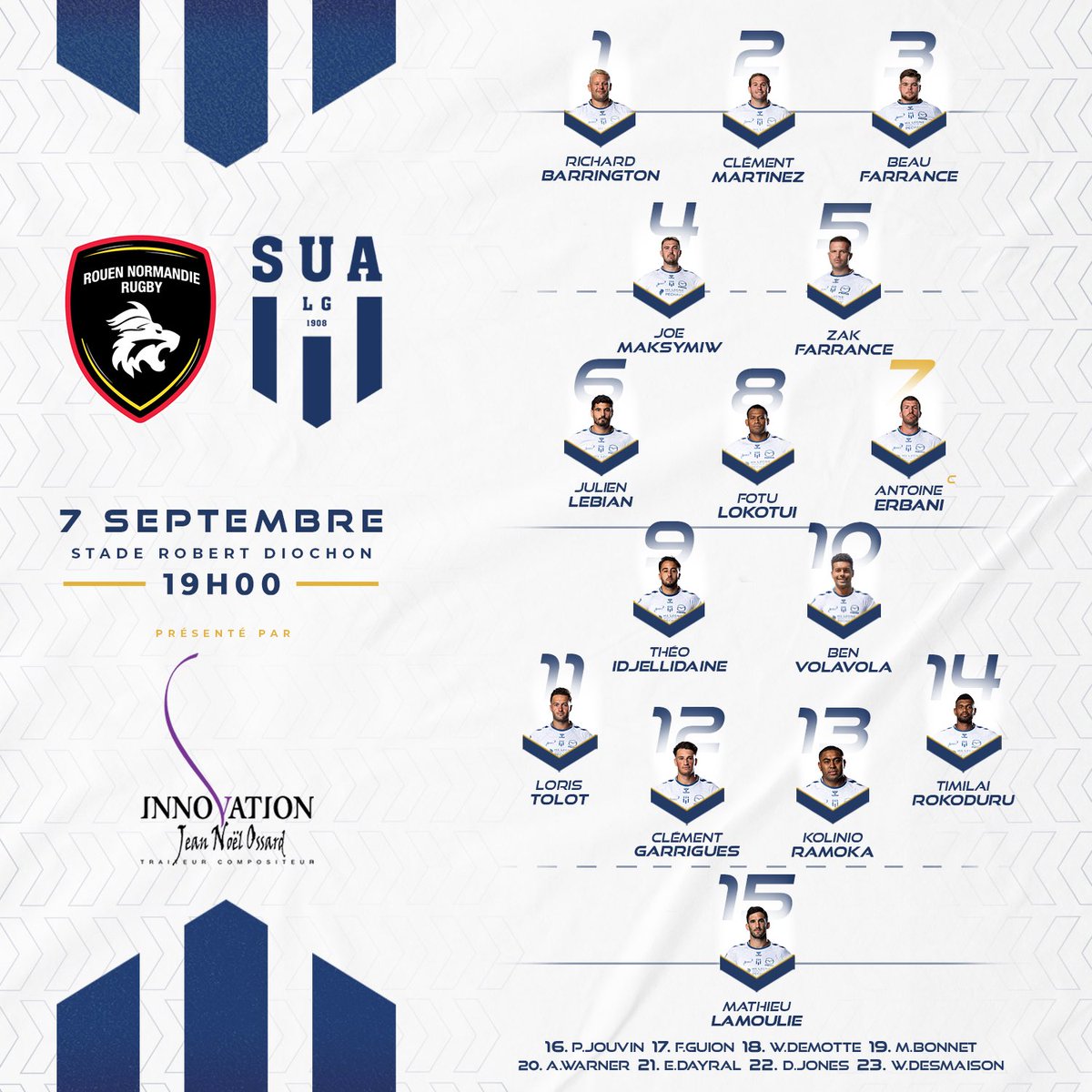 agen_rugby's tweet photo. #RNRSUA
Innovation Ossard Traiteur vous prรฉsente ๐๐ผ ๐พ๐๐๐๐ de la 4รจme journรฉe de @rugbyprod2 โ๏ธ
๐ @RouenNdieRugby
๐ ๐ฆ๐๐ฎ๐ฑ๐ฒ ๐ฅ๐ผ๐ฏ๐ฒ๐ฟ๐ ๐๐ถ๐ผ๐ฐ๐ต๐ผ๐ป
๐ ๐ญ๐ต๐๐ฌ๐ฌ
#J4PROD2 https://t.co/EKPdK7RWpR