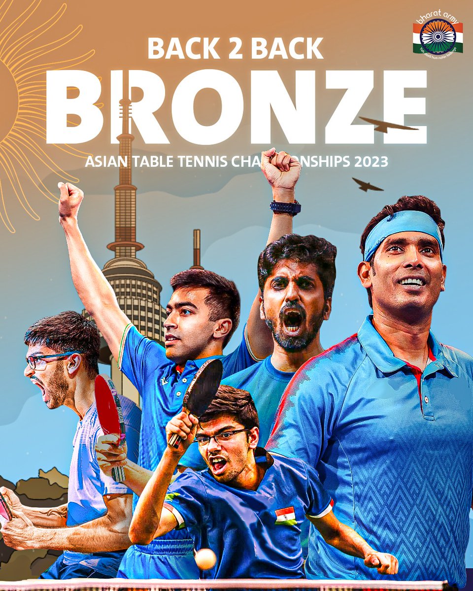 🇮🇳🏓BRONZE! Our team of Sharath Kamal, Sathiyan Gnanasekaran, Manav Thakkar, Harmeet Desai, and Manush Shah clinched the bronze in the Men's Teams event at the Asian Table Tennis Championships 2023. 

👏🏻 Their journey through this tournament was nothing short of spectacular. 

📷