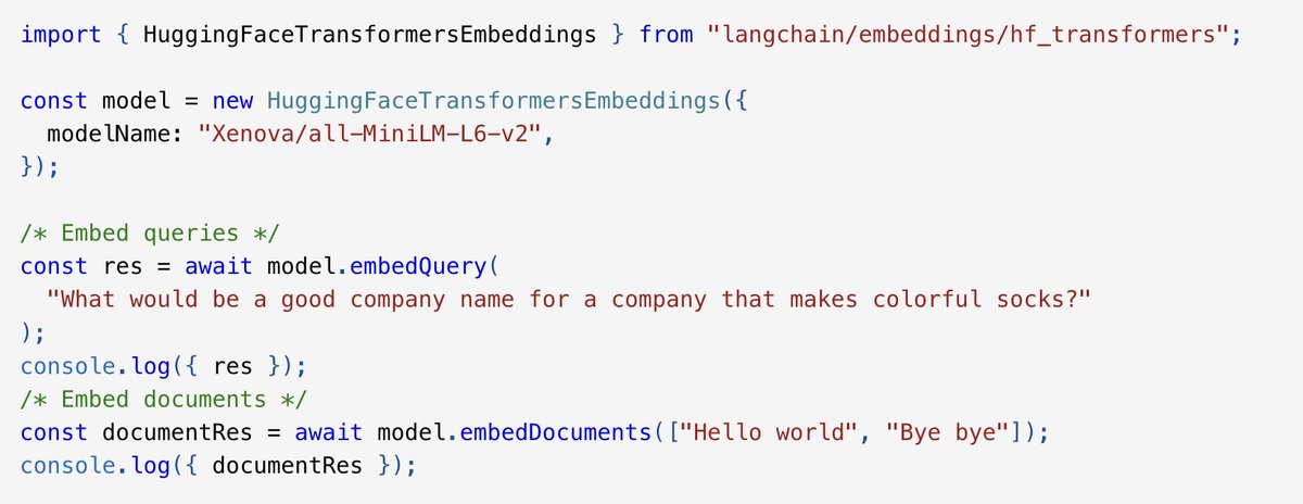 Hacubu's tweet image. 🤗 In-Browser HuggingFace Embeddings 🤗

@LangChainAI 🦜🔗 JS/TS 0.0.144 supports locally running HuggingFace embeddings via @xenovacom’s awesome package and quantized models!

Big leap forward for #WebML - a huge thank you to 🥇Durisvk and l4b4r4b4b4!

js.langchain.com/docs/modules/d…