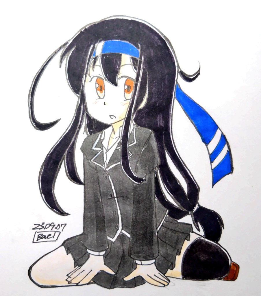 hatsushimo (kancolle) 1girl solo long hair black hair skirt headband low-tied long hair  illustration images
