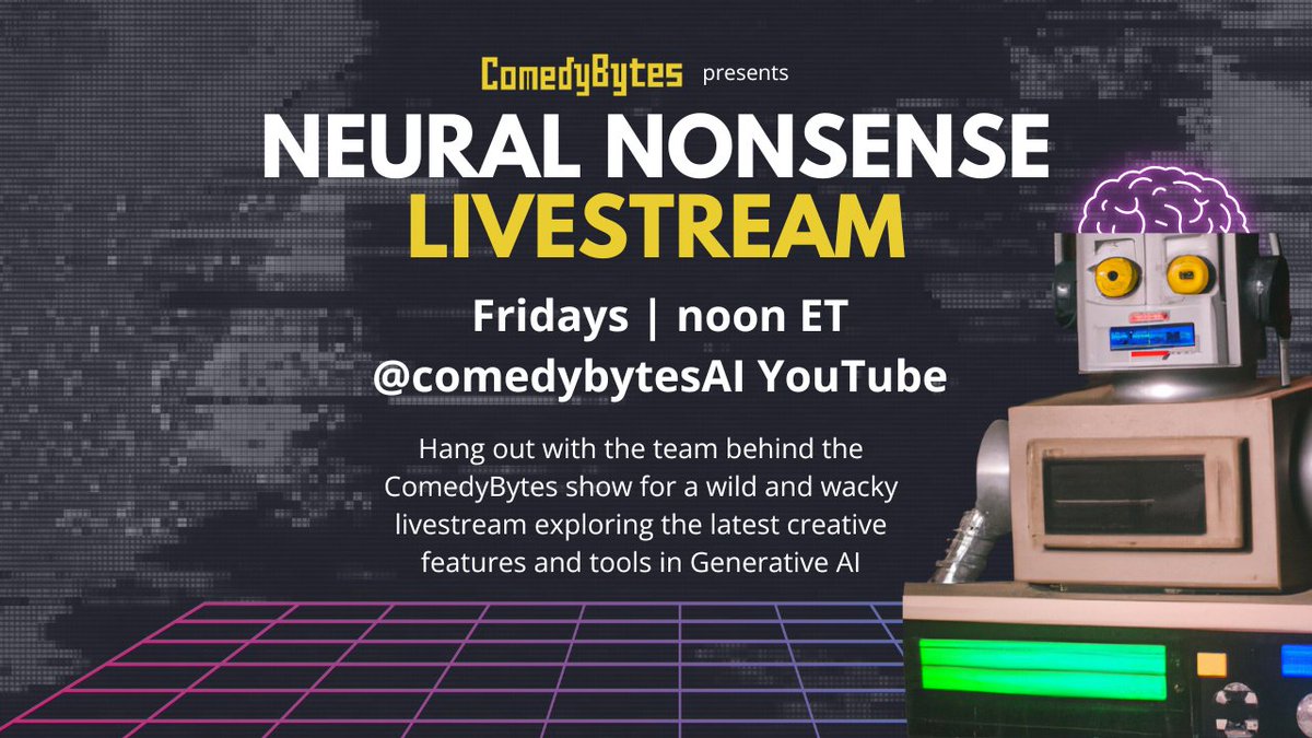 comedybytesai's tweet photo. Have plans on Friday at noon? 

Now you do! 

Join the ComedyBytes crew for our Neural Nonsense Livestream! https://t.co/kaU144Kkcr