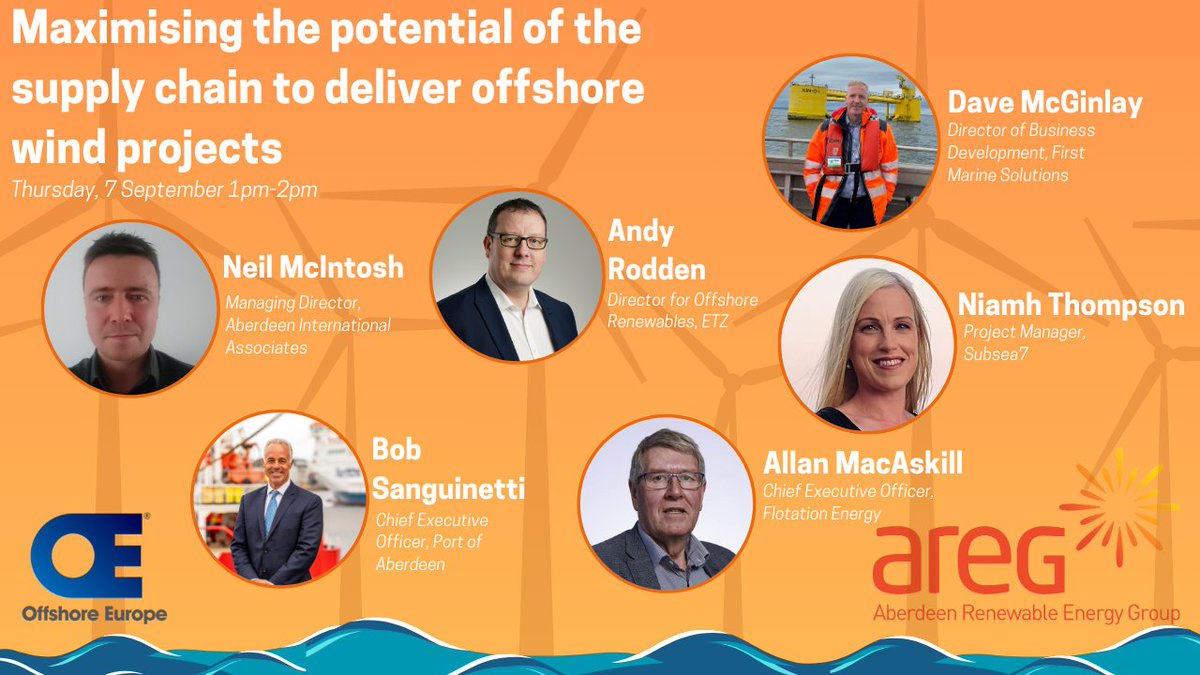 AREGtweet's tweet photo. Letโs meet tomorrowโs #OE23 AREG session panellists!
Chaired by Neil McIntosh, AIA director, โMaximising the potential of the supply chain to deliver offshore wind projectsโ, will delve into the opportunities and challenges encountered by the energy supply chain.
#50YearsofOE https://t.co/deqe9YpYRe