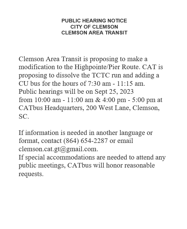 CATbus200's tweet photo. For all of our Highpointe/Pier Passengers... @CityofClemson @clemson_parking https://t.co/ZVmWoP58lQ