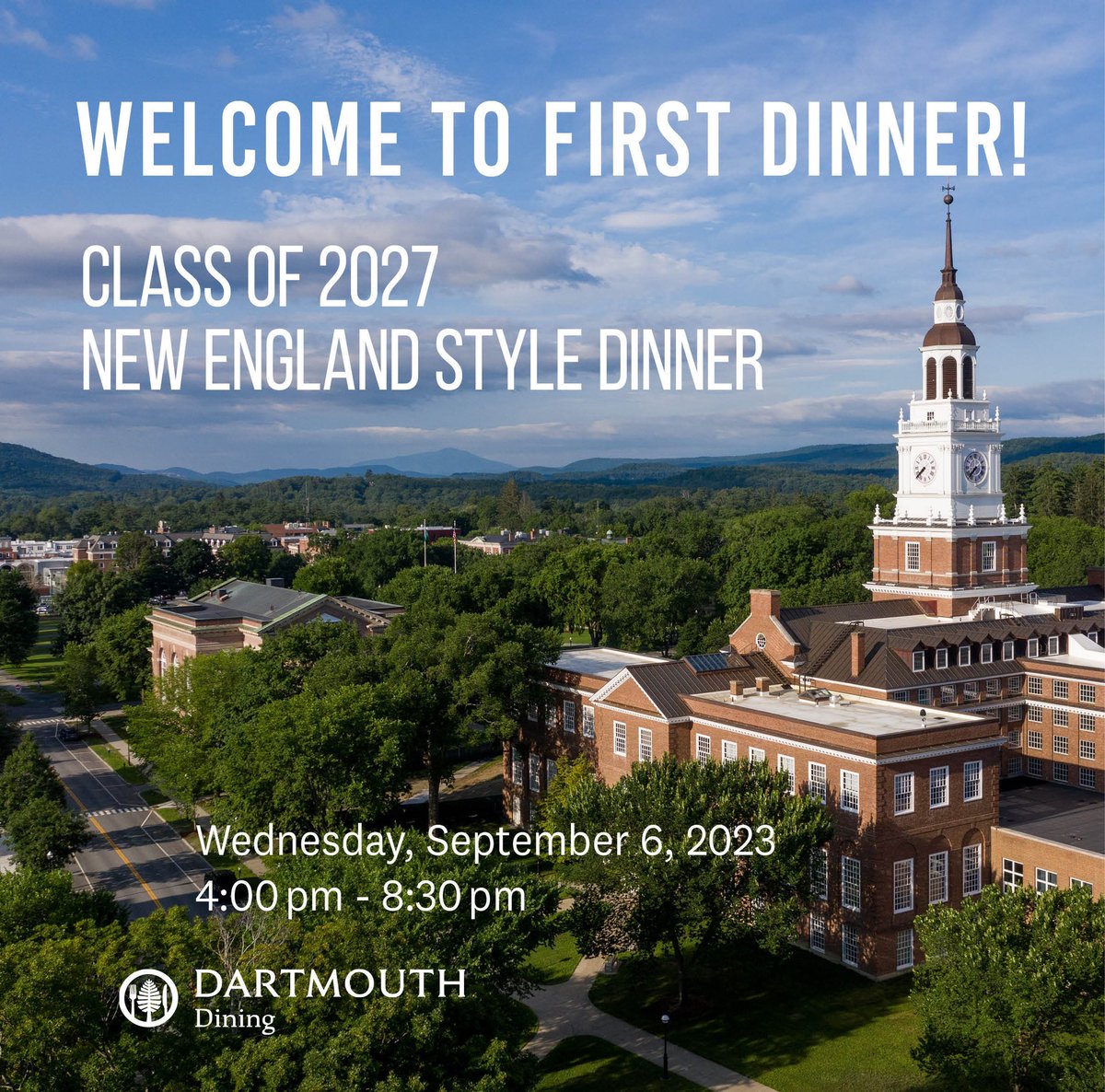 53Commons's tweet image. The moment we've all been waiting for is finally here – First Dinner! 🍽️ 

Join us today from 4 PM to 8:30 PM as we kick off the school year with an unforgettable feast and extend a warm welcome to the Class of 2027!!! 🎉

#FirstDinner #Dartmouth27s