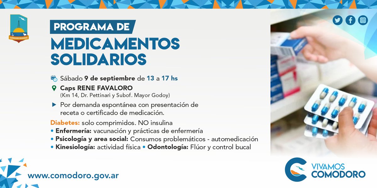 SecretariadeS20's tweet photo. MEDICAMENTOS SOLIDARIOS 💊💊
📆 Sábado 9 de septiembre
⏰ De 13 a 17 hs
📌 Caps. Rene Favaloro - Km 14 https://t.co/pI3CLOpgvU