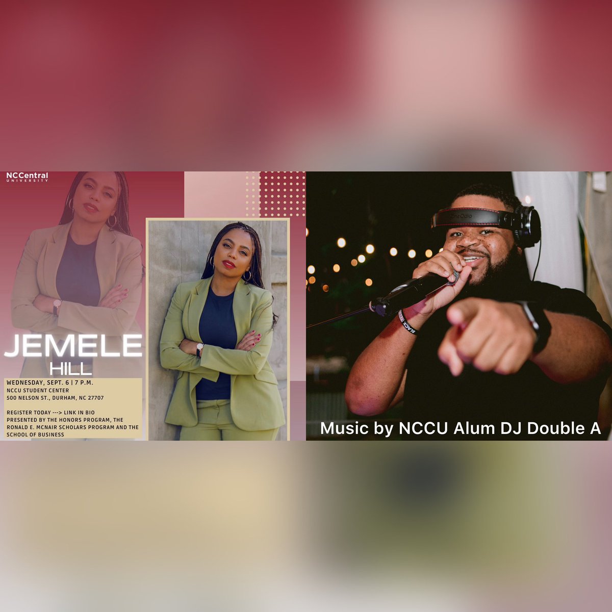 DJDoubleA_336's tweet photo. I’m back on the yard tonight with special guest @JemeleHill🔥🔥🦅🦅

7PM in the New Student Center. 

Special shout out to NCCU Honors Program, McNair Scholars and School of Business!! 

#JemeleHill #DoubleEnergyEffect #NCCU #NCCUAlum https://t.co/9ORdDEzFjV