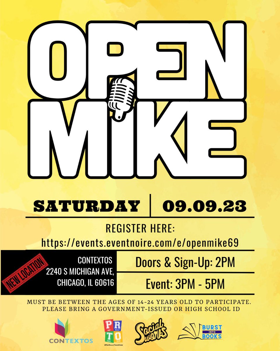 ‼️Important update!! THE LOCATION FOR THIS SATURDAYS #OPENMIKE HAS CHANGED! ‼️⁣ Saturday, September 9th, join #SocialWorks, @peprallytakeover , @burstintobooks & @contextoschi for SocialWorks’ 69th OpenMike! ⁣Doors at 2pm and the event begins at 3pm! events.eventnoire.com/e/openmike69