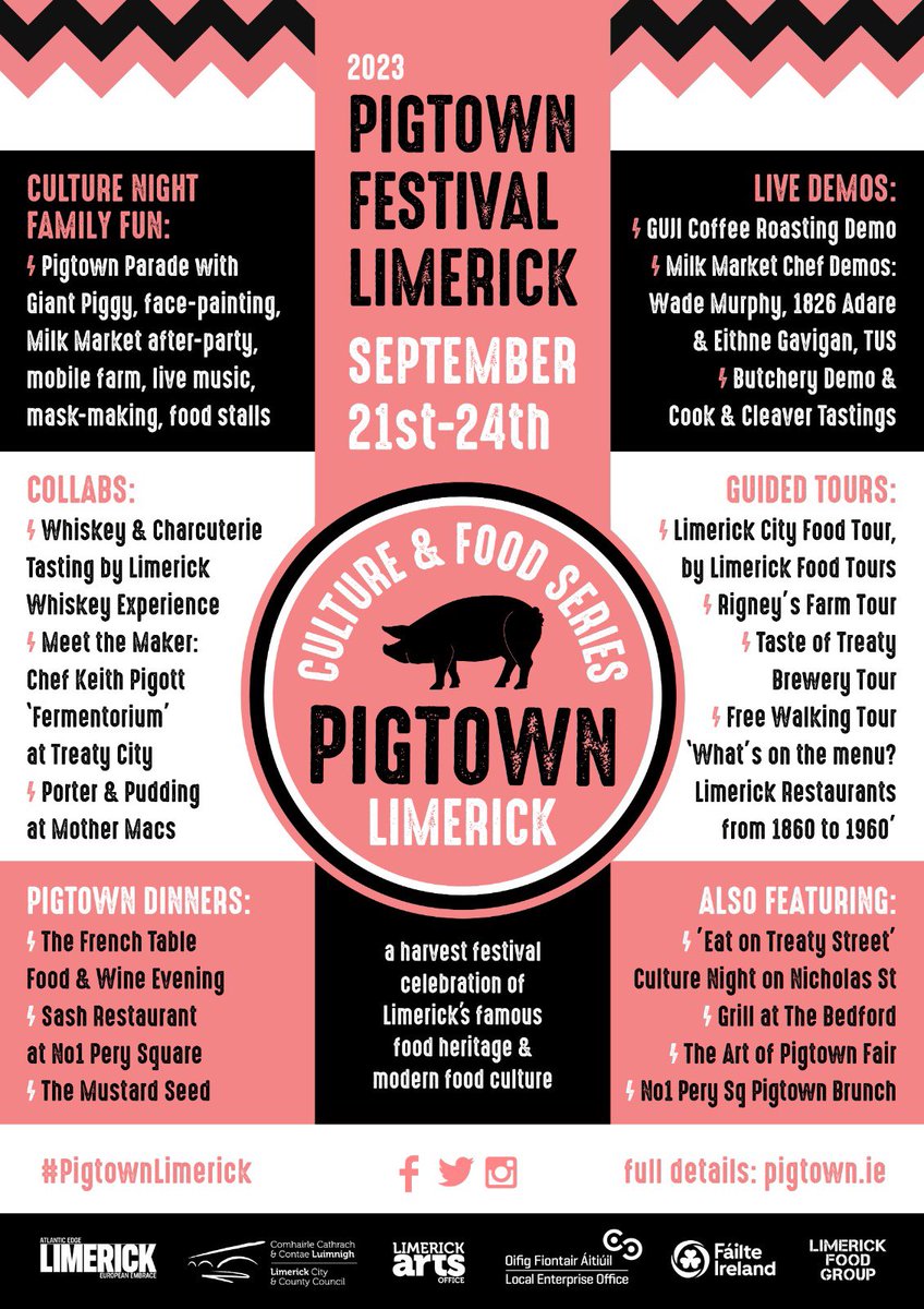 Drumroll please… and here it is… The Pigtown Festival 2023 programme! PLEASE RT to help us spread the word 🙏🏻 More listings info at: pigtown.ie #pigtownlimerick #pigtown2023 🐷 @Limerick_ie @LimerickArts @leo_limerick @Failte_Ireland @wildatlanticway #gatewaycity