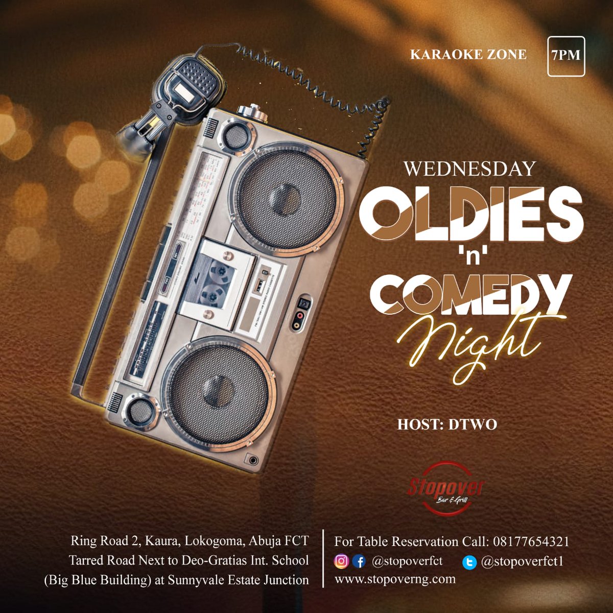 Stopoverfct1's tweet photo. COMEDY, KARAOKE &amp; OLDIES TONIGHT
@Stopover Bar &amp; Grill
"STRESS FREE ZONE"

Table Reservation: 08177654321

#StressFreeZone #Wednesdayjamz #karaokebar #wednightchills #partytime #choplifezone ,#premiumHospitality #staySafe #lokogoma #abujafct https://t.co/fbxxfiLk0n