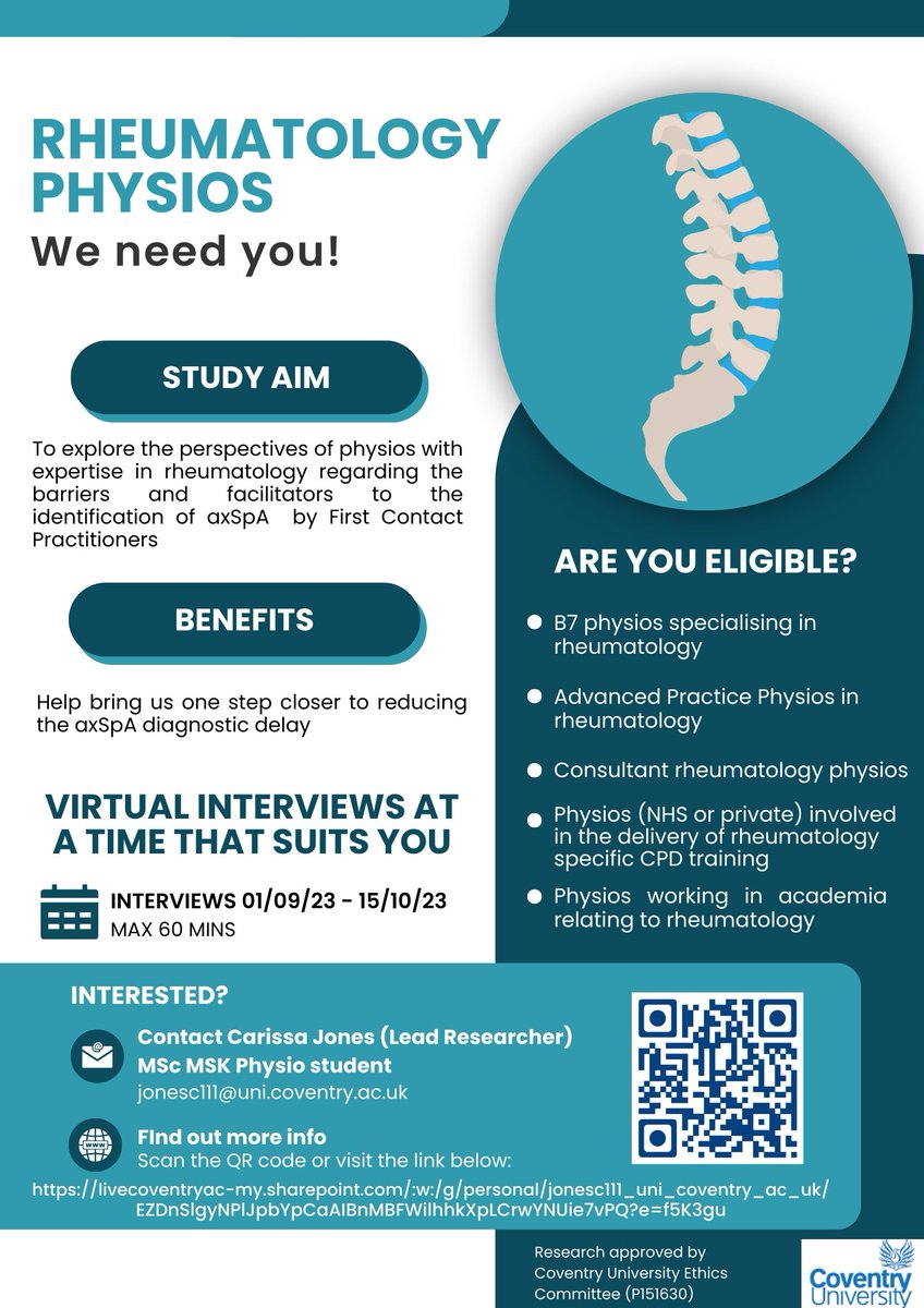 RESEARCH PARTICIPANTS NEEDED!

Are you a physio specialising in rheumatology?

Consider taking part in our qualitative study exploring the barriers and facilitators that influence the identification of #axialSpA by FCPs in primary care.

Please retweet/share! #actonaxialspa