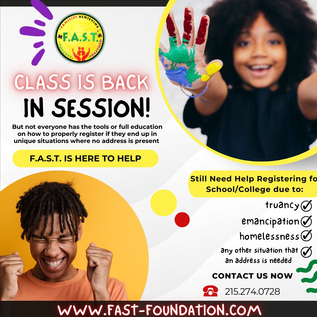 _FastFoundation's tweet image. With our resources we can help families have access to enrollment as soon as possible, reliable transportation, as well as any other resources that can benefit the child or children. We also assist with helping enrollment in college.
fast-foundation.com ☎️215.274.0728