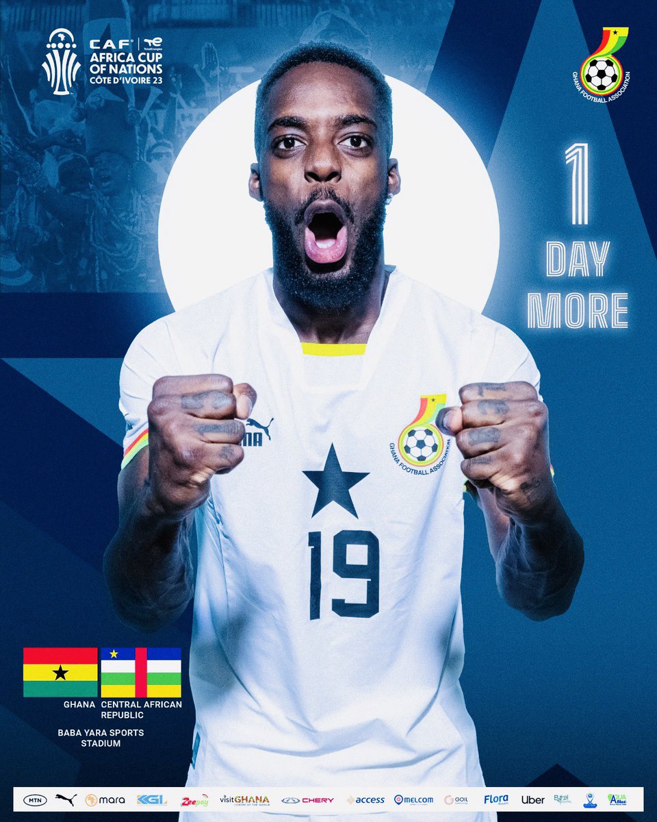 GhanaBlackstars's tweet photo. ⏳ Just 1️⃣ more day until the crucial match at the Baba Yara Sports Stadium 🏟️ 

Ghana will be hosting Central Africa Republic in the final Group E game. 

Let's gather in numbers to show our support for the Black Stars! 🇬🇭⚽️

#BlackStars | #GHACAR https://t.co/OvDRKh8Sj4