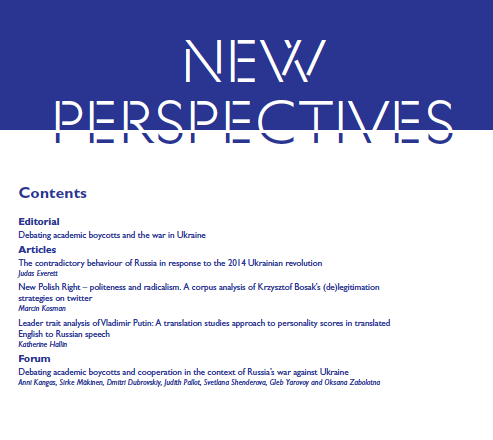 Issue 3 of New Perspectives 2023 is out! Hosting a debate on academic boycotts and the Ukraine War , convened by Kangas and Makinen, with Dubrovskiy, Pallot, Shenderova, Yarovoy and Zabolotna. Essays from Everett on Ukraine, Kosmann on the Polish Right, and Hallin on Putin.