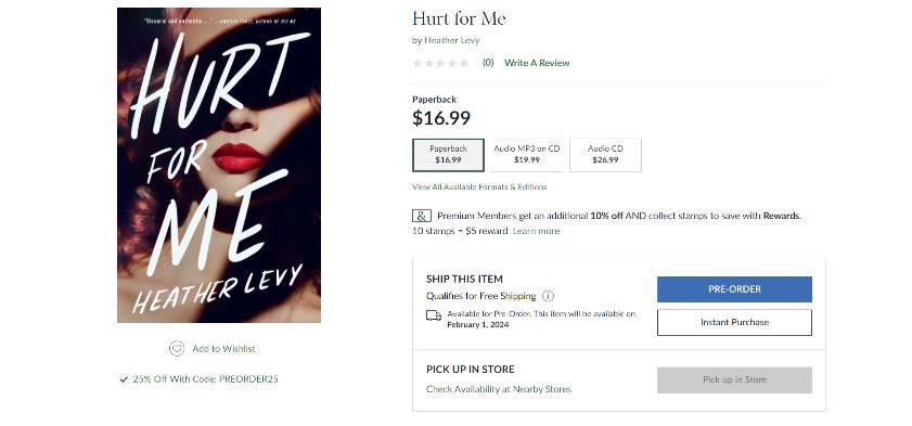 Hey, all! Right now on Barnes & Noble, Premium & Rewards members can get 25% off pre-orders on tons of books, including HURT FOR ME. It’s going on now until September 8th!