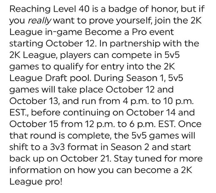 LD2K's tweet photo. “Reaching Level 40 is a badge of honor, but if you really want to prove yourself, join the @NBA2KLeague in-game Become a Pro event starting October 12.” 👀🔥

More: https://t.co/gGu3Cxj5t0 https://t.co/HgdBw9Y7oe