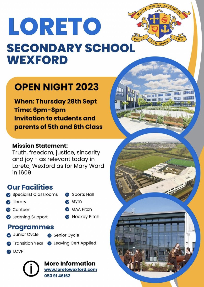 Our Open Night will take place on Thursday the 28th of Sept. See details below. 

We look forward to welcoming you on the night  @SchoolWexford