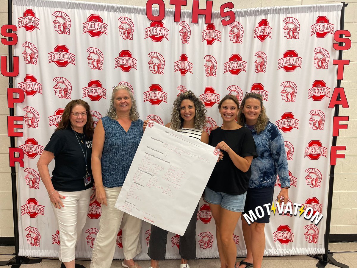 MrsDKaszuba's tweet photo. Our OTHS Spartan Super Staff excited to welcome students back to school—to share their over 1,000 years of combined service, knowledge, perspectives and experience—to teach, mentor, support, motivate and inspire our students to success! #CultureOfCollaboration #SpartanLegacy https://t.co/e4ffZRAx1k