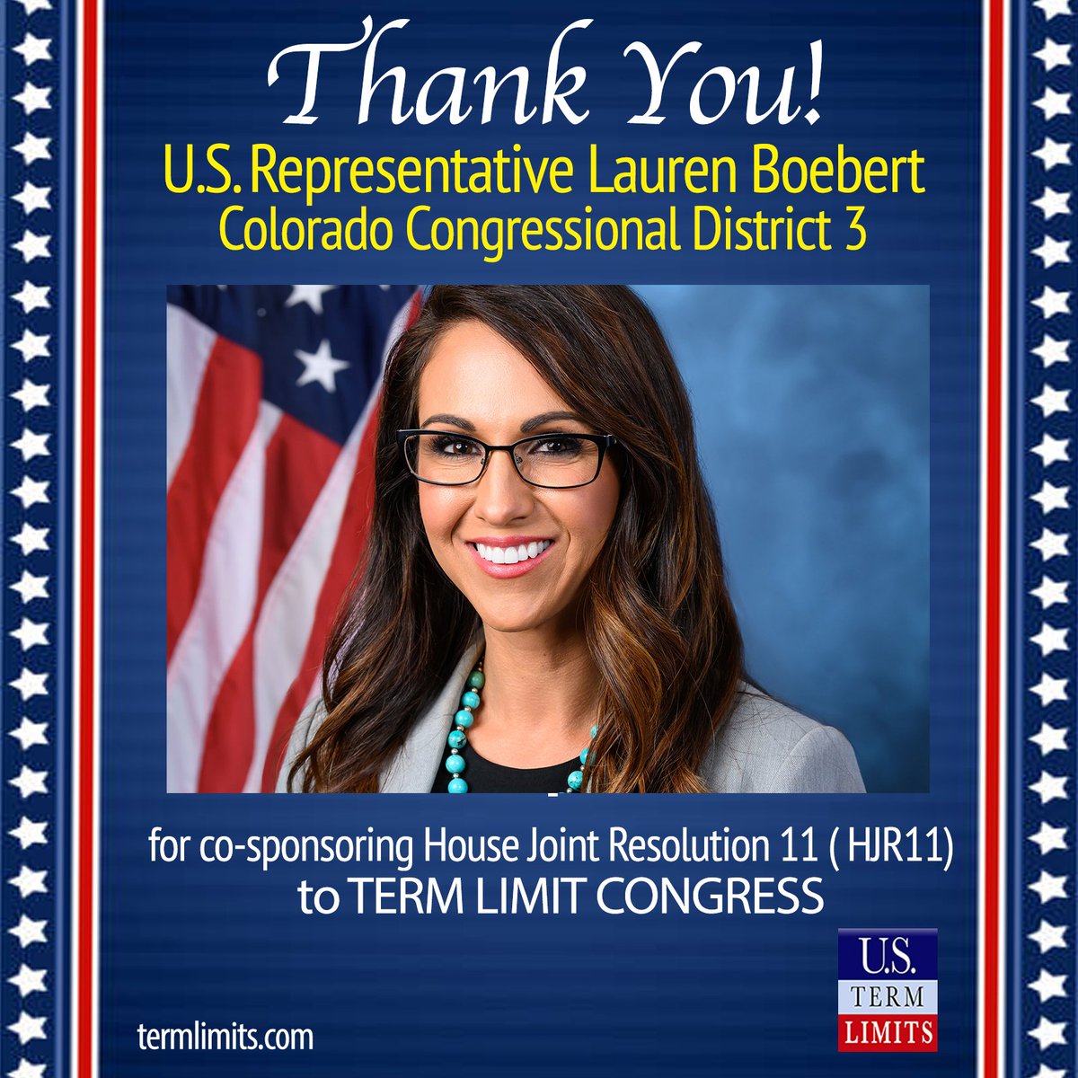 USTermLimits's tweet image. Thank you @RepBoebert for co-sponsoring house joint resolution 11 (HJR11) to #termlimit Congress.
#TermLimits #TermLimitCongress