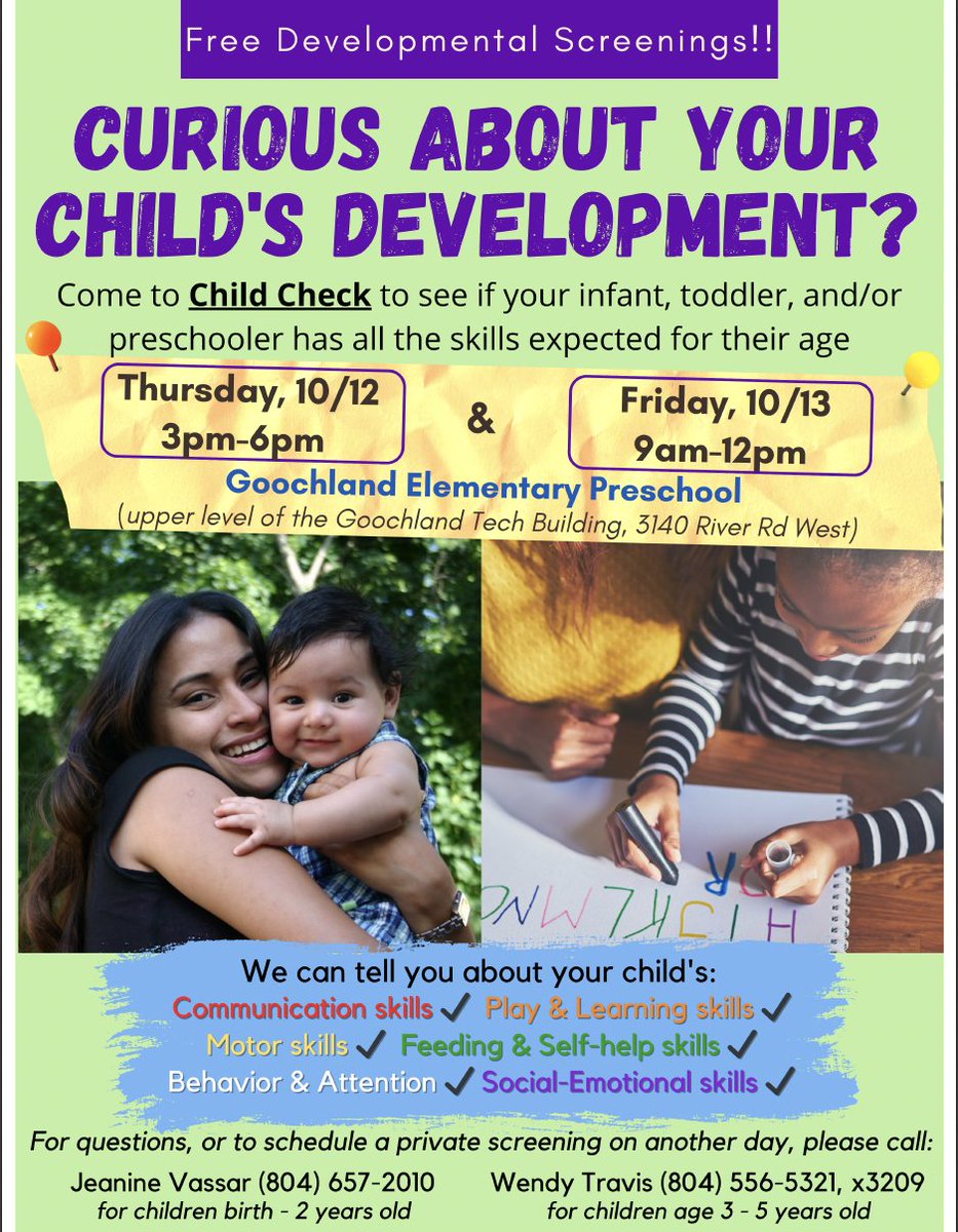 JenWaggener's tweet photo. 🗓️ Mark your calendars for October 12th and 13th, 2023! 🗓️ 
@glndschools and @GoochlandGovtVA are offering FREE child development screenings for children from birth to 5 years old. Don't miss this opportunity and help us spread the word! https://t.co/jmTjG203Od