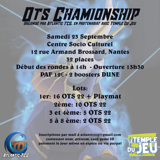 atlantic_tcg's tweet photo. 🔴 Dernière session de révision avant la rentrée !

📆 En partenariat avec Le Temple du Jeu, nous organisons un OTS Championship de 32 joueurs le samedi 23 septembre, soit la veille de notre tournoi de rentrée 😉 https://t.co/sLQoSDlDpl