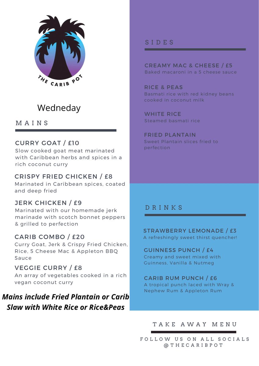 TheCaribPot's tweet photo. Today’s Menu 🌴 we close at 10 p.m. (if we still have food)

#caribbeanfood #southlondon #foodlovers #bermondsey #se16 https://t.co/P8zgn7ZdB6