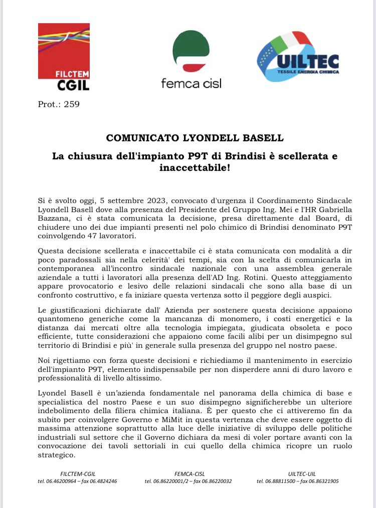 FemcaCISL's tweet photo. 📣🗣️Stato di agitazione e blocco degli straordinari all’impianto P9T di Brindisi. La decisione di chiuderlo è inaccettabile. Lyondel #Basell è un’azienda chiave per la chimica italiana. Chiediamo la riapertura del Tavolo Chimica al @mimit_gov https://t.co/OtGLvZ2zt9