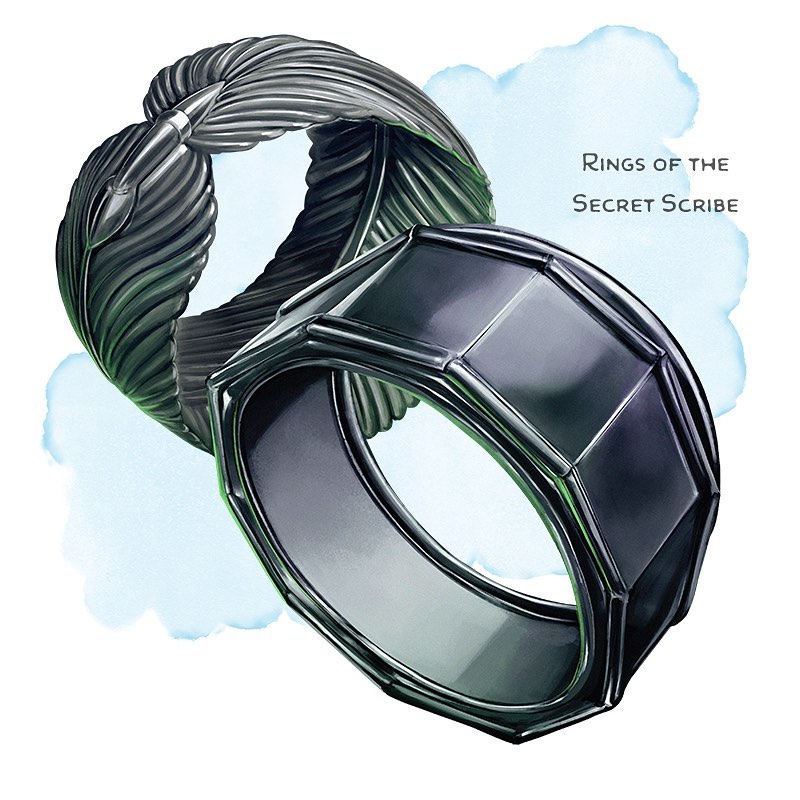 💍 𝗡𝗲𝘄 𝗶𝘁𝗲𝗺!
Rings of the Secret Scribe Ring, common
___

This pair of rings only function when worn on adjacent fingers: typically on a thumb and forefinger. While pinching the two finger...
🆕instagram.com/p/Cw2vw5iOYya/
-
#dnd5e #dungeonsanddragons