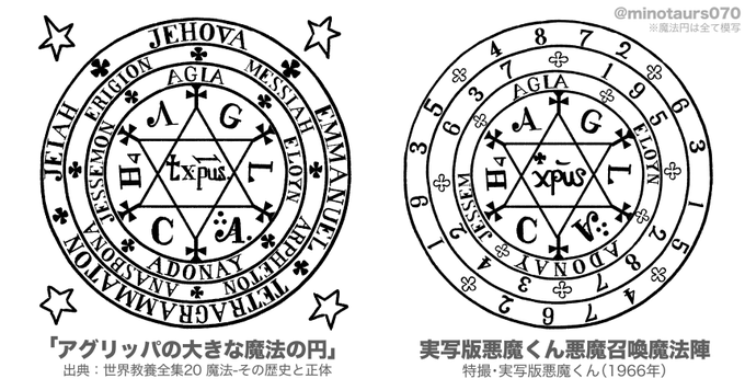「悪魔くん」における魔法陣の六芒星って、(K・セリグマンの「魔法」を読めばわかりますが)「アグリッパの大きな魔法の円」と呼ばれる「悪魔を呼び出す際に使用する魔法円」を水木先生が独自改変したのがそもそもの始まりなんですよ。#悪魔くん → 