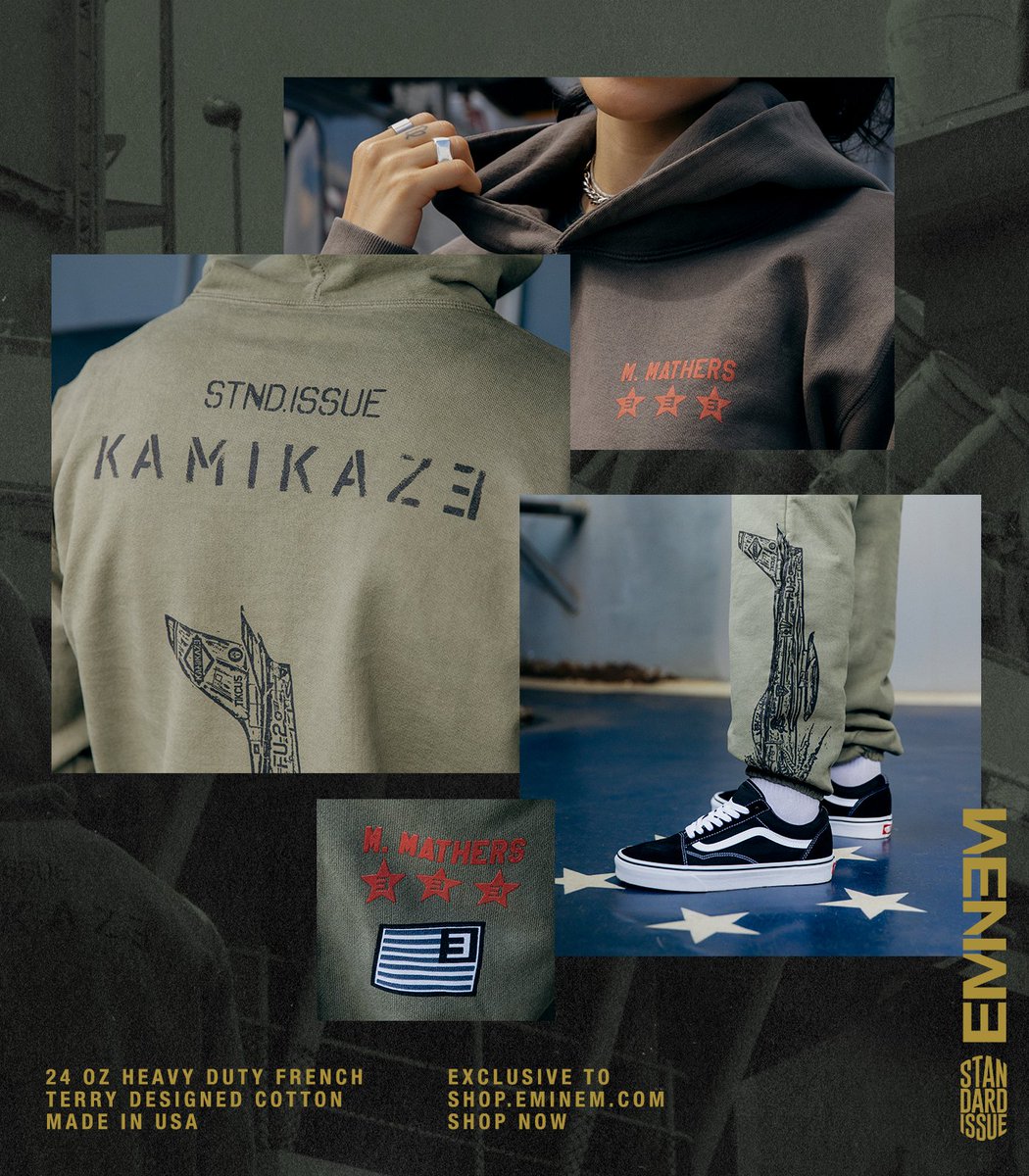 Eminem's tweet photo. “Guess that's the standard I'm held to” ✈️ Had to link w/ LA-based #StandardIssue on #KAMIKAZE5 to bring the highest quality US-made essentials https://t.co/sqqTgb2Hm9 https://t.co/CAkNZgW4CH