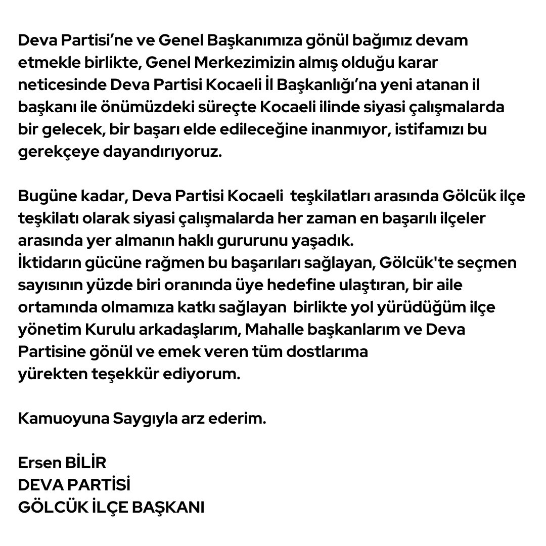 DEĞERLİ KAMUOYU’NA

Deva Partisi İlçe Yönetim Kurulu toplantısında oy birliği ile aldığımız karar gereğince Gölcük İlçe Başkanlığı ve Gölcük İlçe Yöneticiliği görevlerimizden topluca istifa ettiğimizi ilan ediyoruz.

#devapartisi #gölcük #istifa