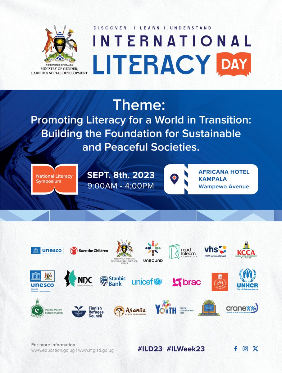 Ministry of Gender, Labour and Social Development (@mglsd_ug) on Twitter photo "πWe are commemorating INTERNATIONAL LITERACY DAY on Sept 8, 2023! Stay informed of the events unfolding on the Ministry of Gender, Labour, and Social Development's platforms. Let's celebrate literacy!π #ILD23 #ILWeek23 <a href="/KCCAUG/">Kampala Capital City Authority (KCCA)</a> <a href="/unescoug/">UNESCO-Uganda National Commission</a> <a href="/AggreyKibenge/">Aggrey Kibenge</a> <a href="/BettyAmongiMP/">Hon Betty Amongi</a> <a href="/GovUganda/">Government of Uganda</a> "πWe are commemorating INTERNATIONAL LITERACY DAY on Sept 8, 2023! Stay informed of the events unfolding on the Ministry of Gender, Labour, and Social Development's platforms. Let's celebrate literacy!π #ILD23 #ILWeek23 <a href="/KCCAUG/">Kampala Capital City Authority (KCCA)</a> <a href="/unescoug/">UNESCO-Uganda National Commission</a> <a href="/AggreyKibenge/">Aggrey Kibenge</a> <a href="/BettyAmongiMP/">Hon Betty Amongi</a> <a href="/GovUganda/">Government of Uganda</a>