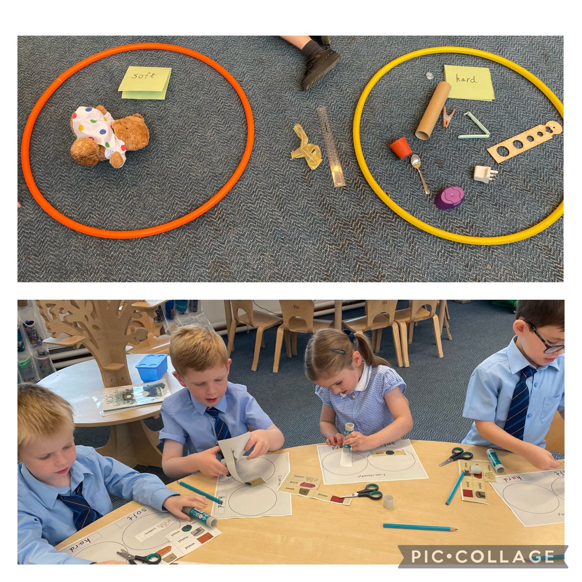 StJosephsERC's tweet image. P1 were classifying materials in Science this morning, sorting them into ‘soft’ and ‘hard’, before discussing why some materials are better for certain purposes. They decided that glass was too hard and breakable for Cinderella’s slipper in the fairytale! #ERCstem